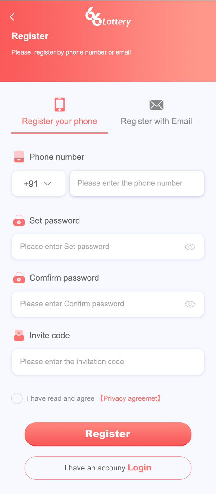 66Lottery registration guide showing phone number, password, optional invitation code and Register button