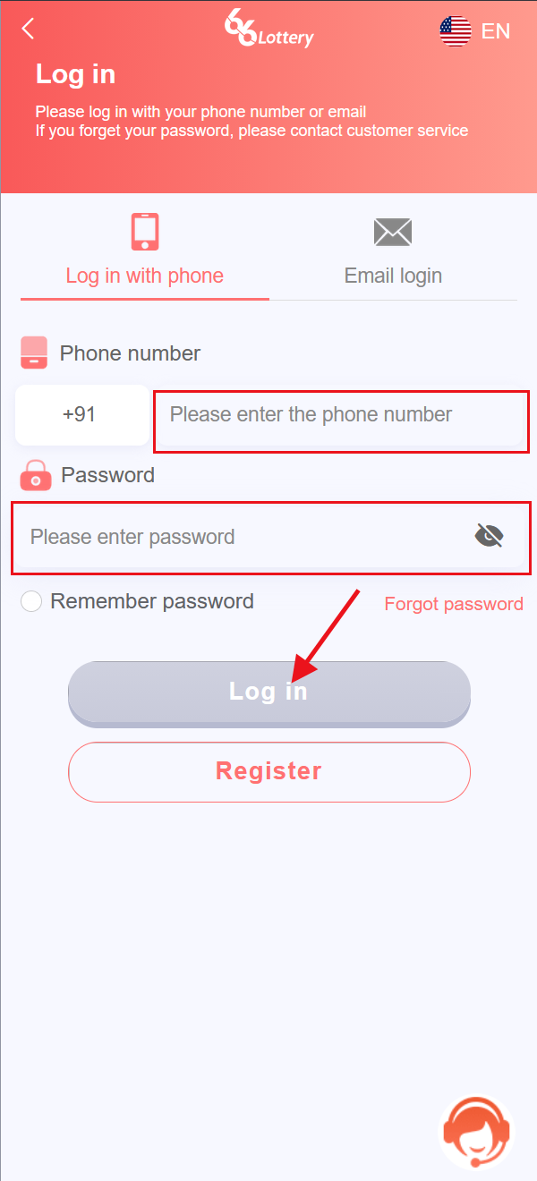 Annotated 66Lottery India phone login screen showing phone number, password and Log in button