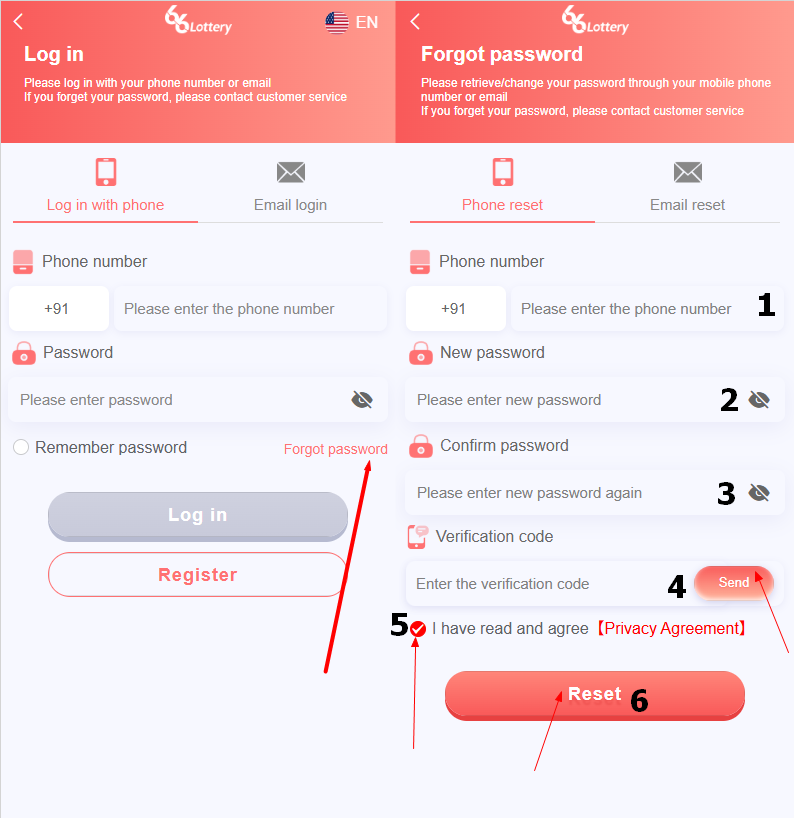 Annotated 66Lottery password reset screen showing phone, new password, verification code and Reset button